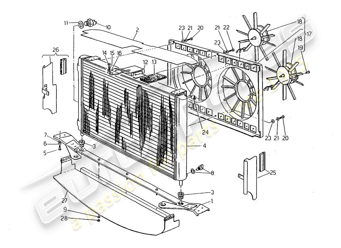 maserati 418 / 4.24v / 430 radiator and cooling fans part diagram