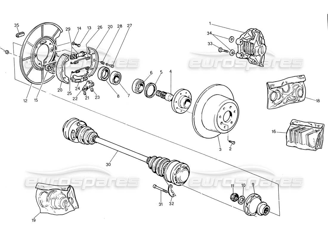 maserati 222 / 222e biturbo hubs, rear brakes and drive shafts part diagram