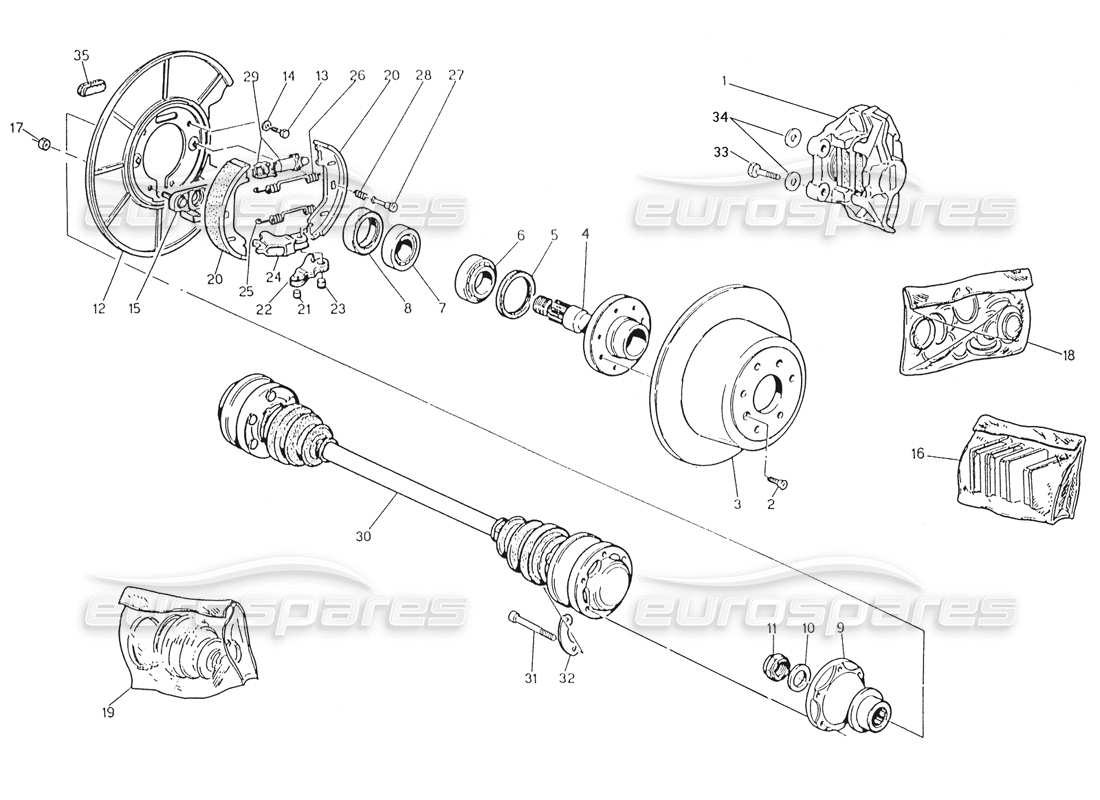 maserati karif 2.8 hubs, rear brakes and drive shafts part diagram