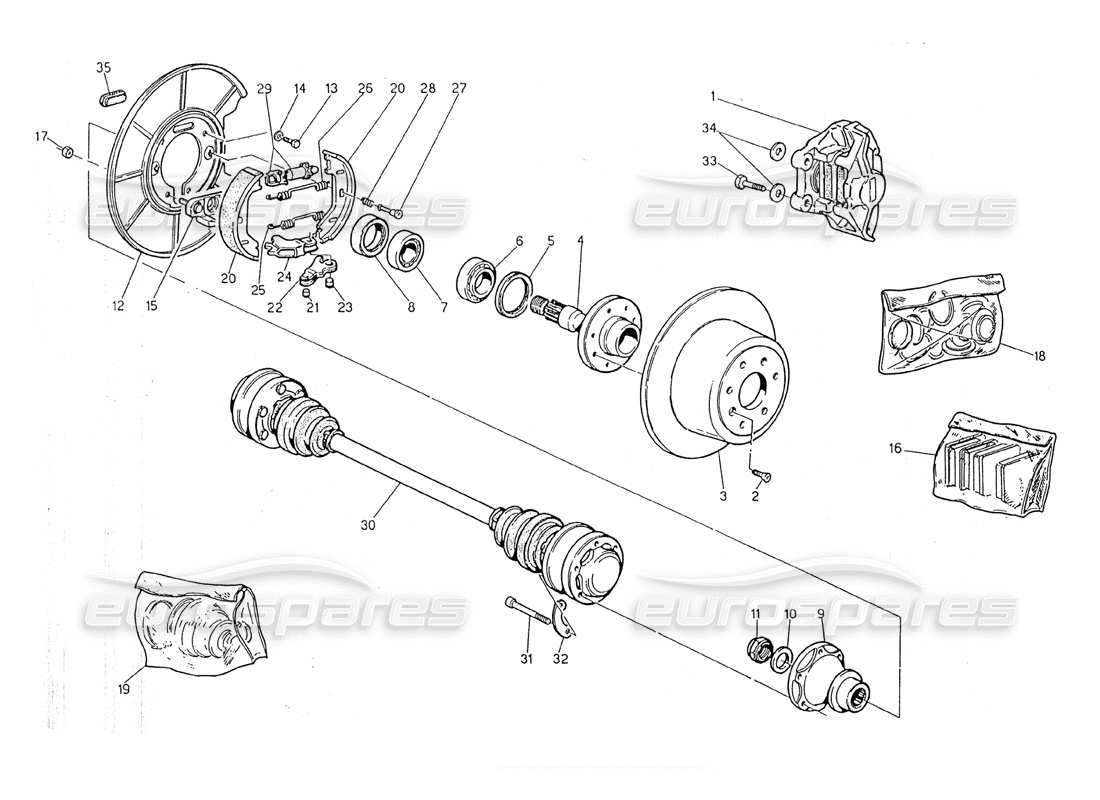 maserati 2.24v hubs, rear brakes and drive shafts part diagram