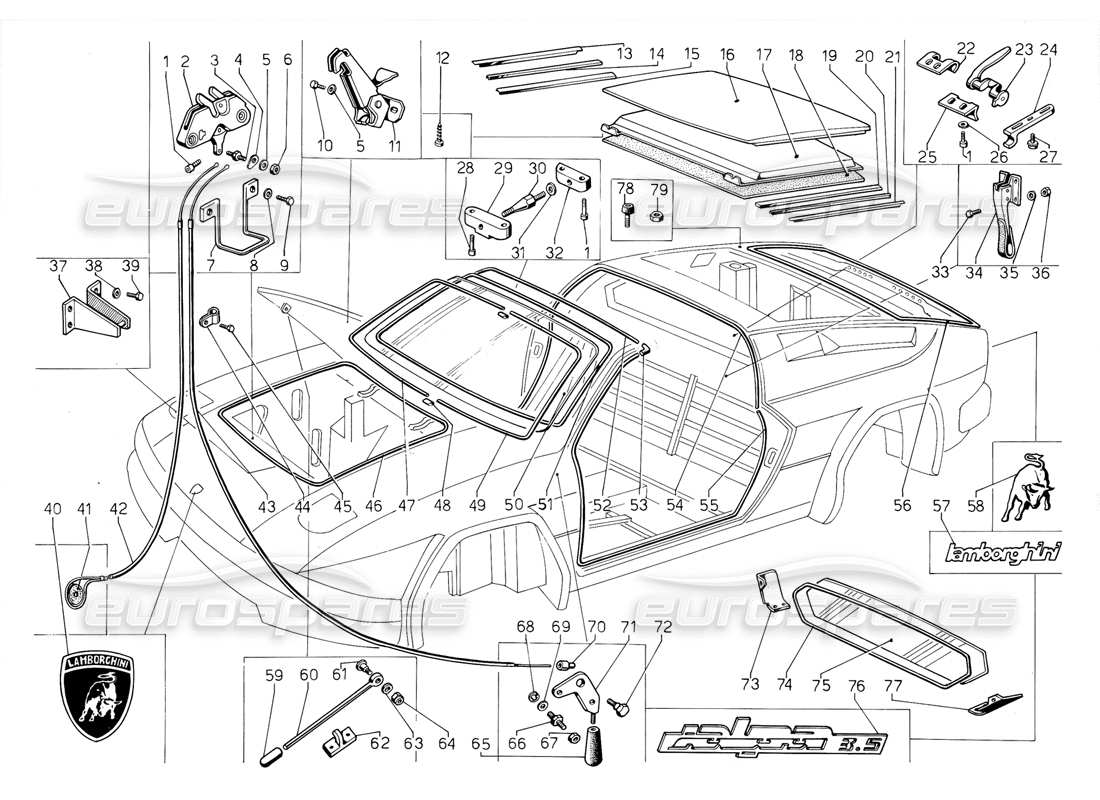 lamborghini jalpa 3.5 (1984) front bonnet and removable hard top part diagram