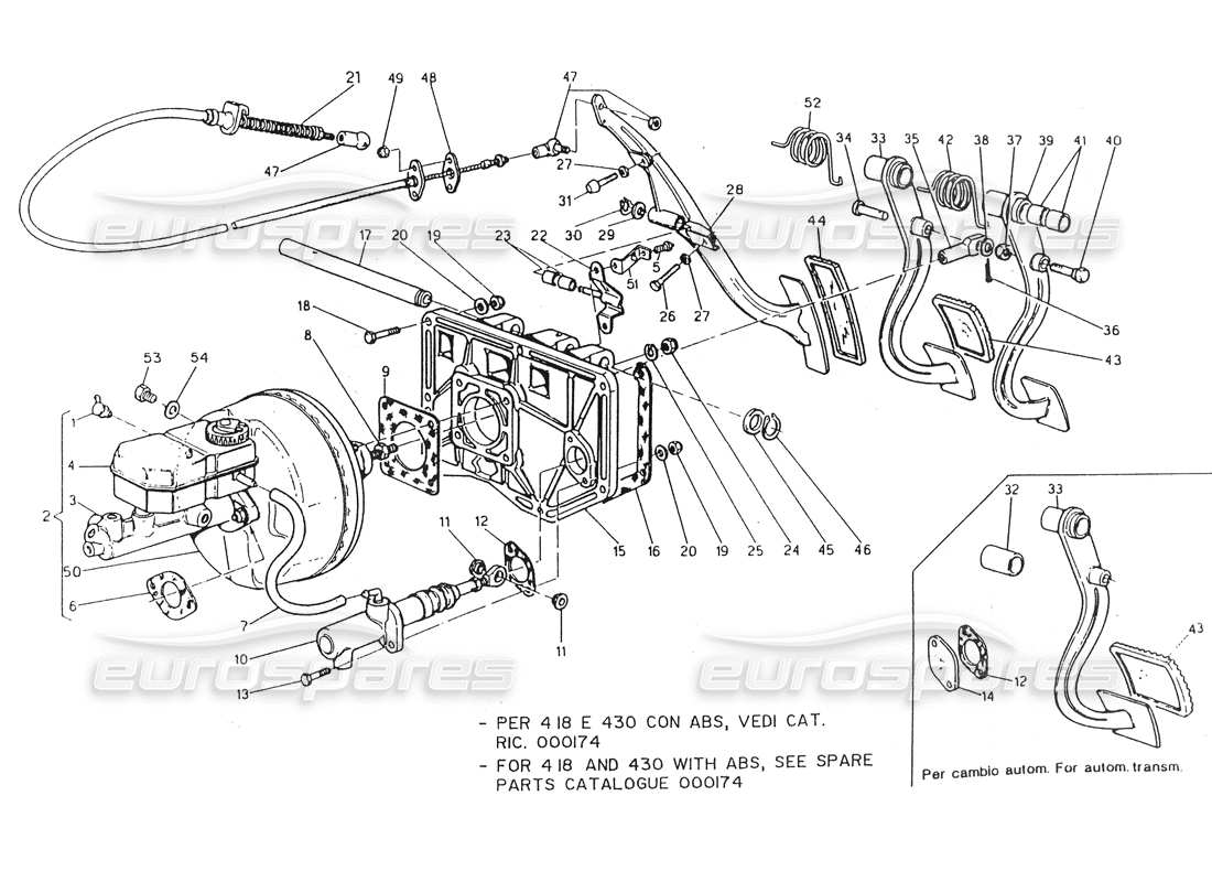 maserati 418 / 4.24v / 430 pedal board and power brake. lh steering part diagram