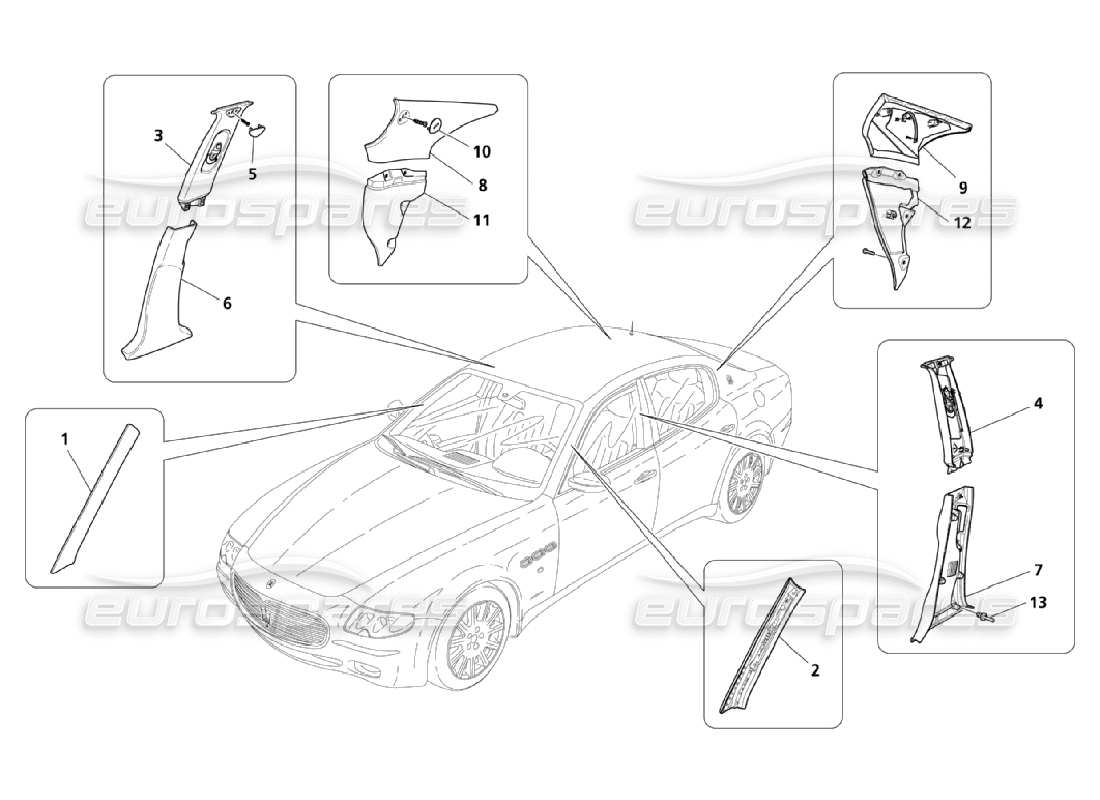 maserati qtp. (2006) 4.2 side flank and passengers compartment pillar upholstery part diagram