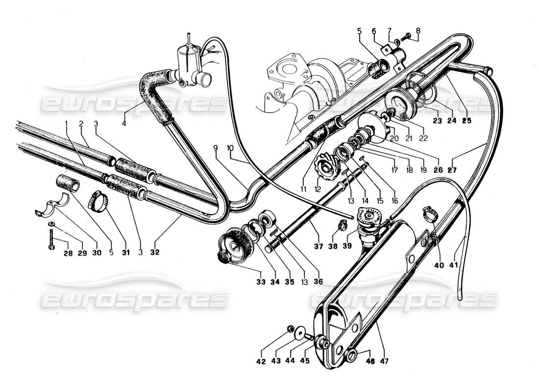 lamborghini urraco p250 / p250s water pump and system parts diagram