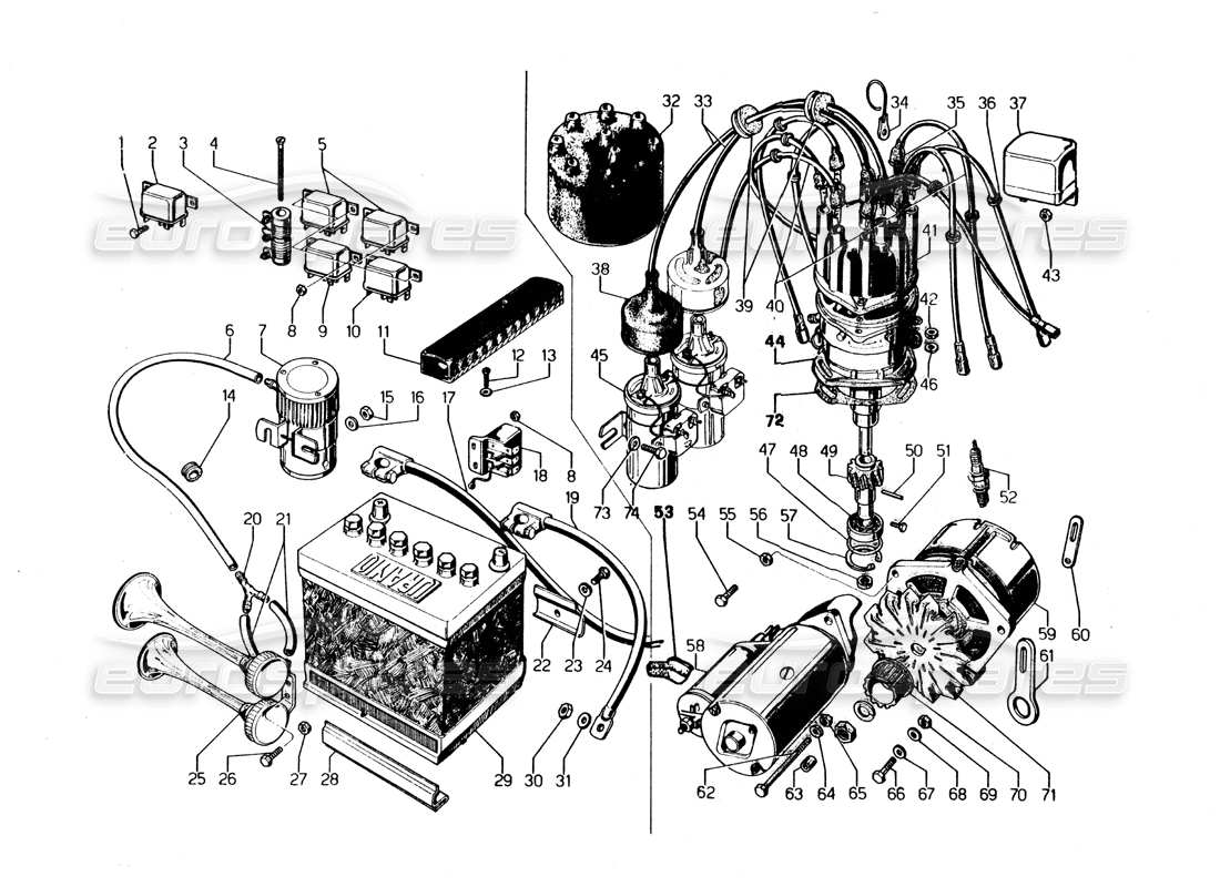 lamborghini urraco p250 / p250s electrical system parts diagram