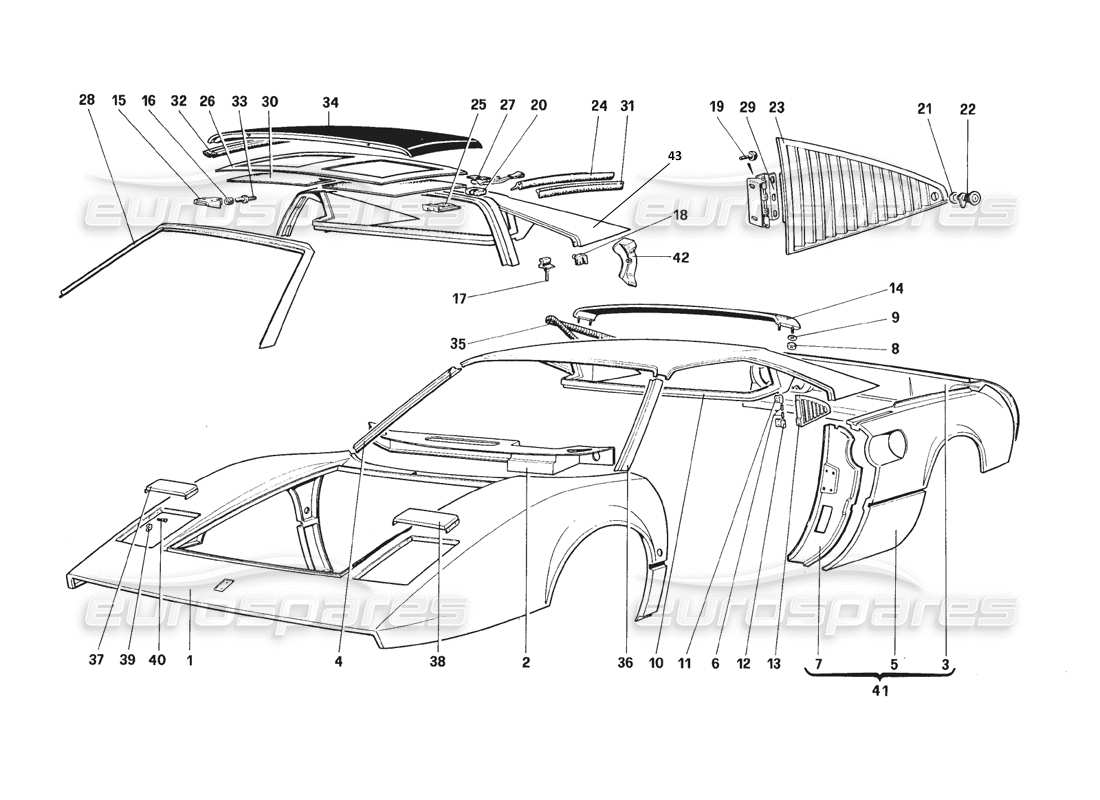 ferrari 328 (1988) body shell - outer elements part diagram