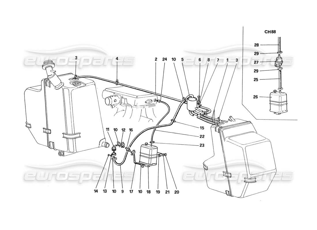 ferrari 328 (1988) antievaporative emission controll system (for usa - sa and ch88 version) part diagram