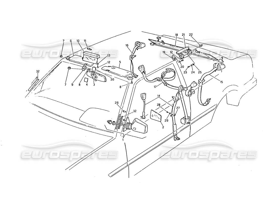 maserati biturbo 2.5 (1984) seat belts, mirrors and sun visor part diagram