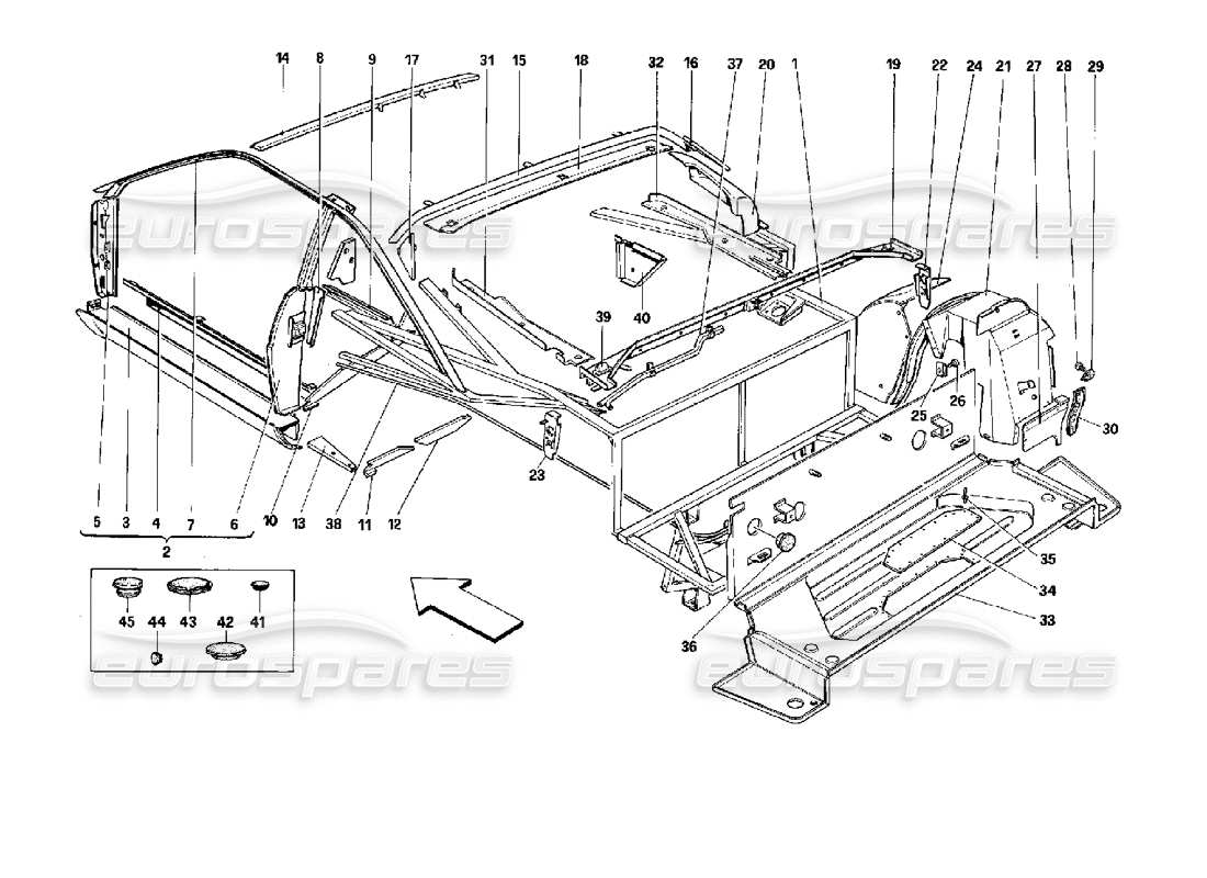 ferrari mondial 3.4 t coupe/cabrio body shell: inner elements - rear part - coupe part diagram