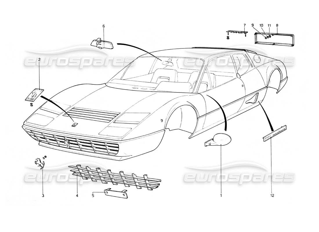 ferrari 512 bb body mouldings part diagram