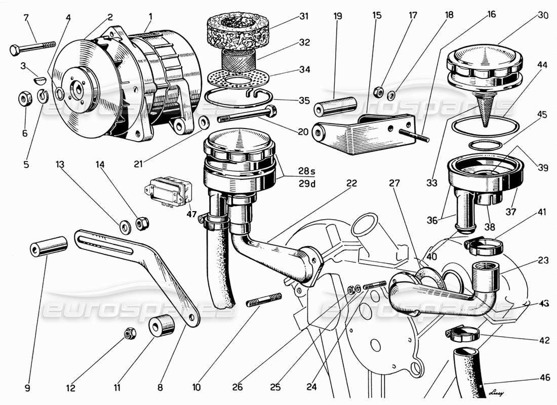 ferrari 330 gt 2+2 generator and engine breathers part diagram