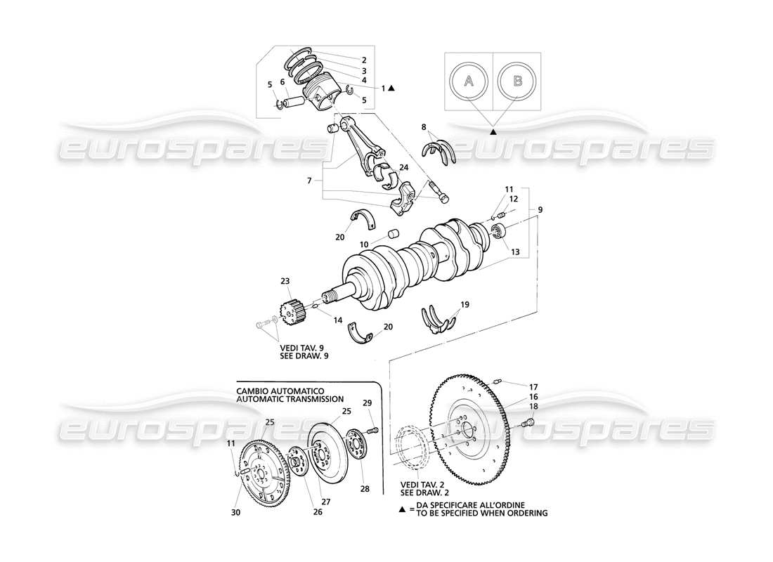 maserati qtp v8 evoluzione crankshaft, pistons, conrods & flywheel part diagram