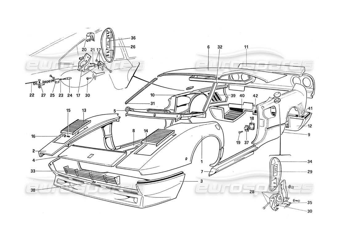 ferrari 288 gto body shell - outer elements part diagram