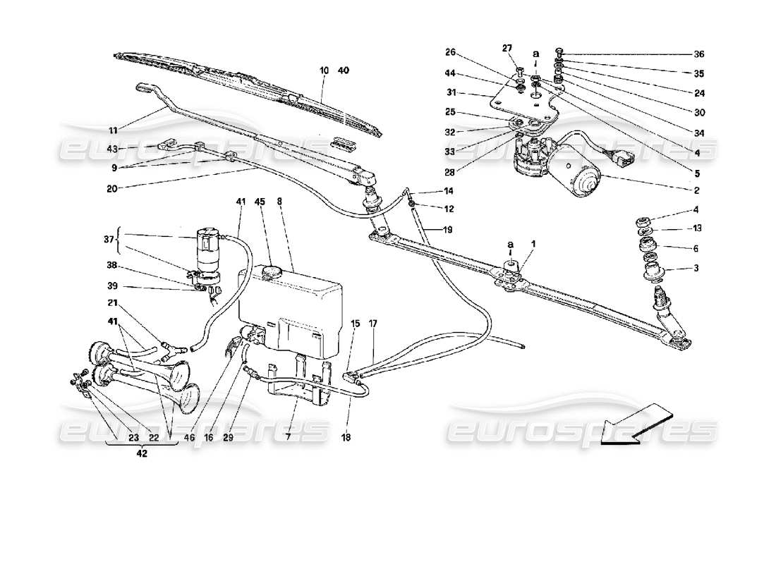 ferrari mondial 3.4 t coupe/cabrio windshield wiper and horns part diagram