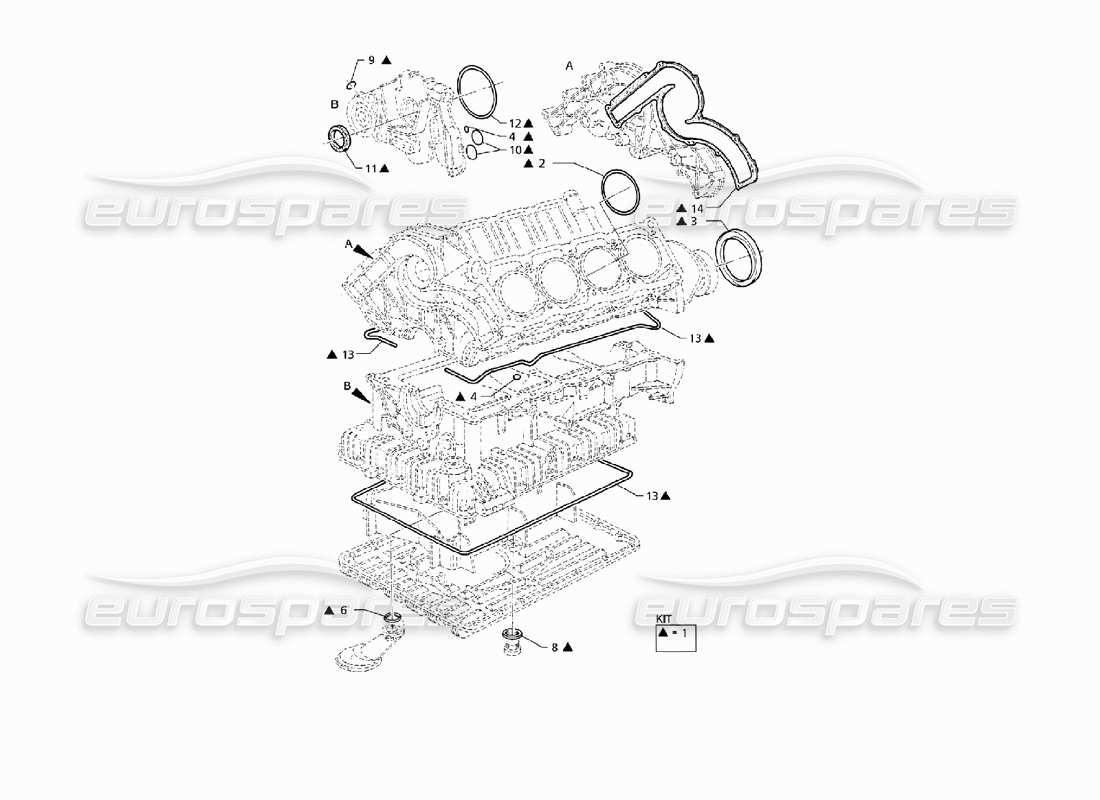 maserati qtp v8 (1998) gaskets and oil seals for block overhaul part diagram