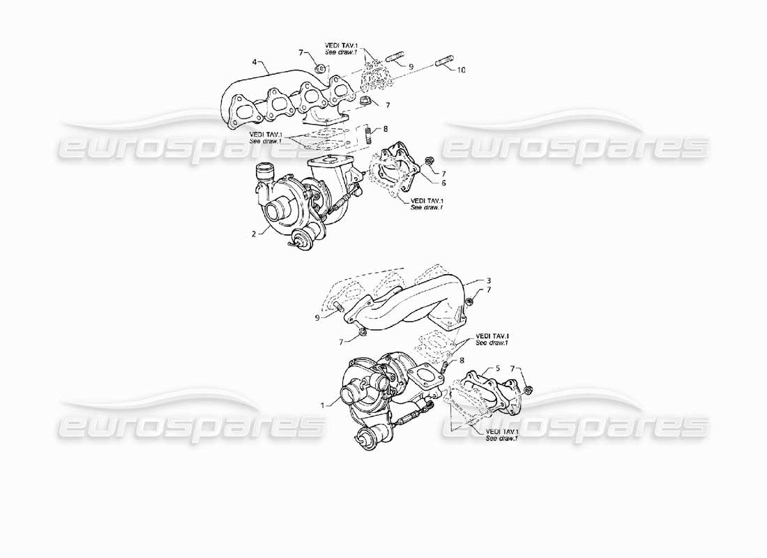 maserati qtp v8 (1998) turboblowers and exhaust manifolds part diagram