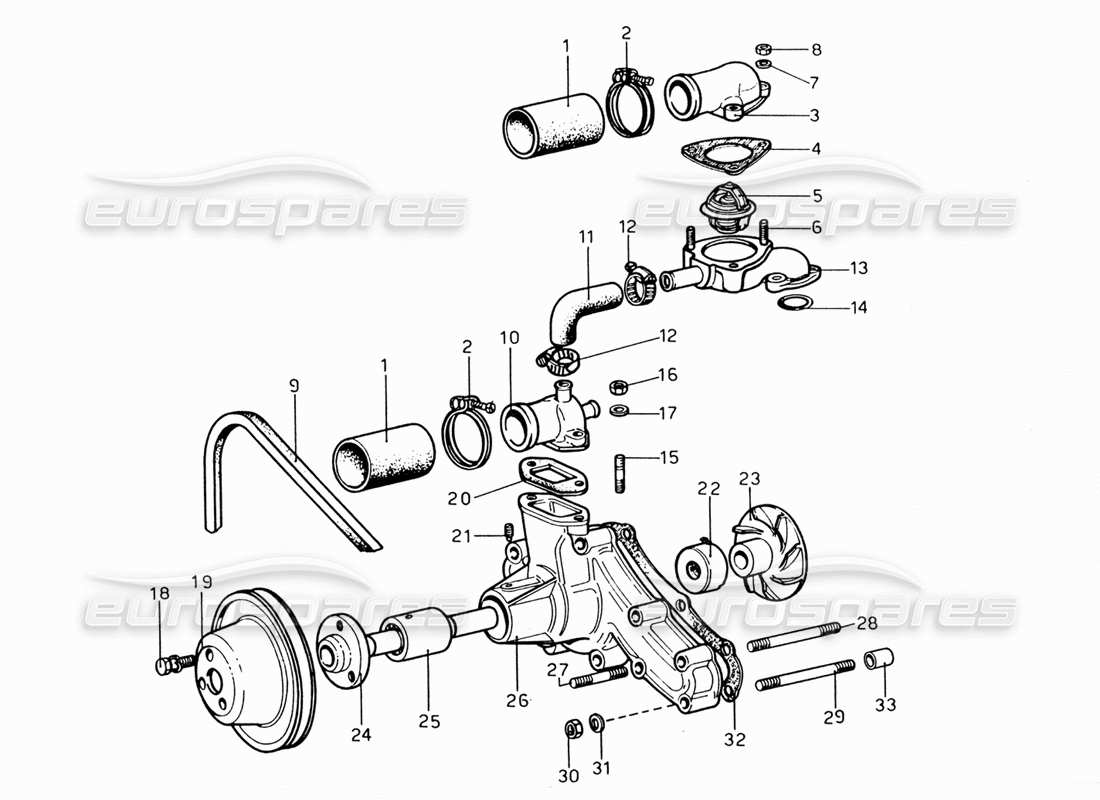 ferrari 206 gt dino (1969) water pump and pipes part diagram