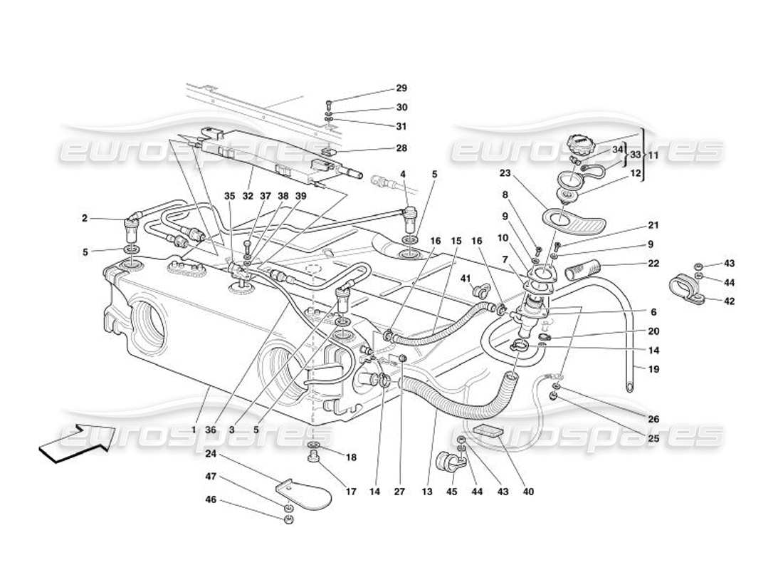 ferrari 575 superamerica fuel tank - union and piping -not for usa and cdn- part diagram