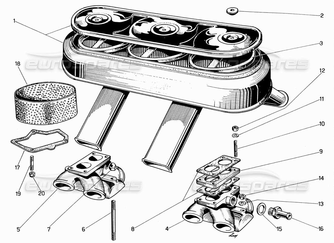 ferrari 330 gt 2+2 air inlet and manifolds part diagram