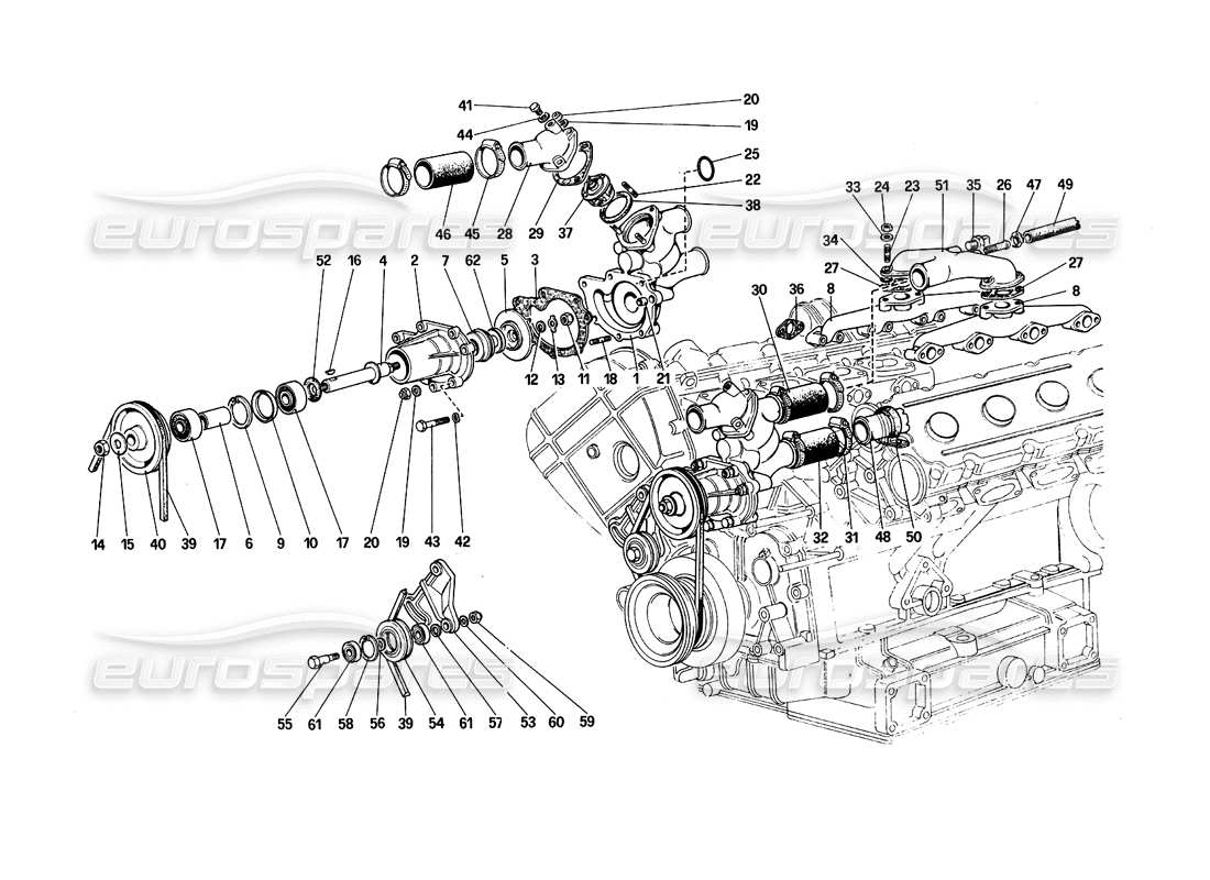 ferrari 308 quattrovalvole (1985) water pump and pipings part diagram