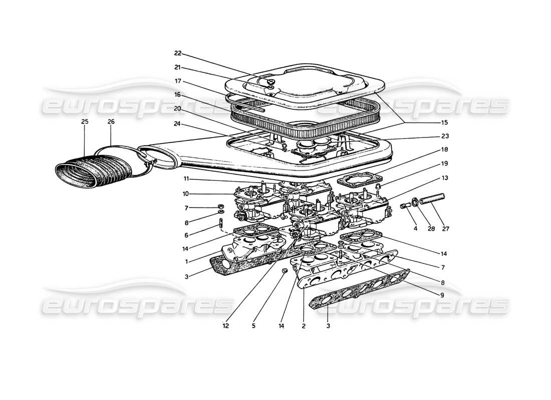 ferrari 208 gt4 dino (1975) carburettors and air cleaner part diagram