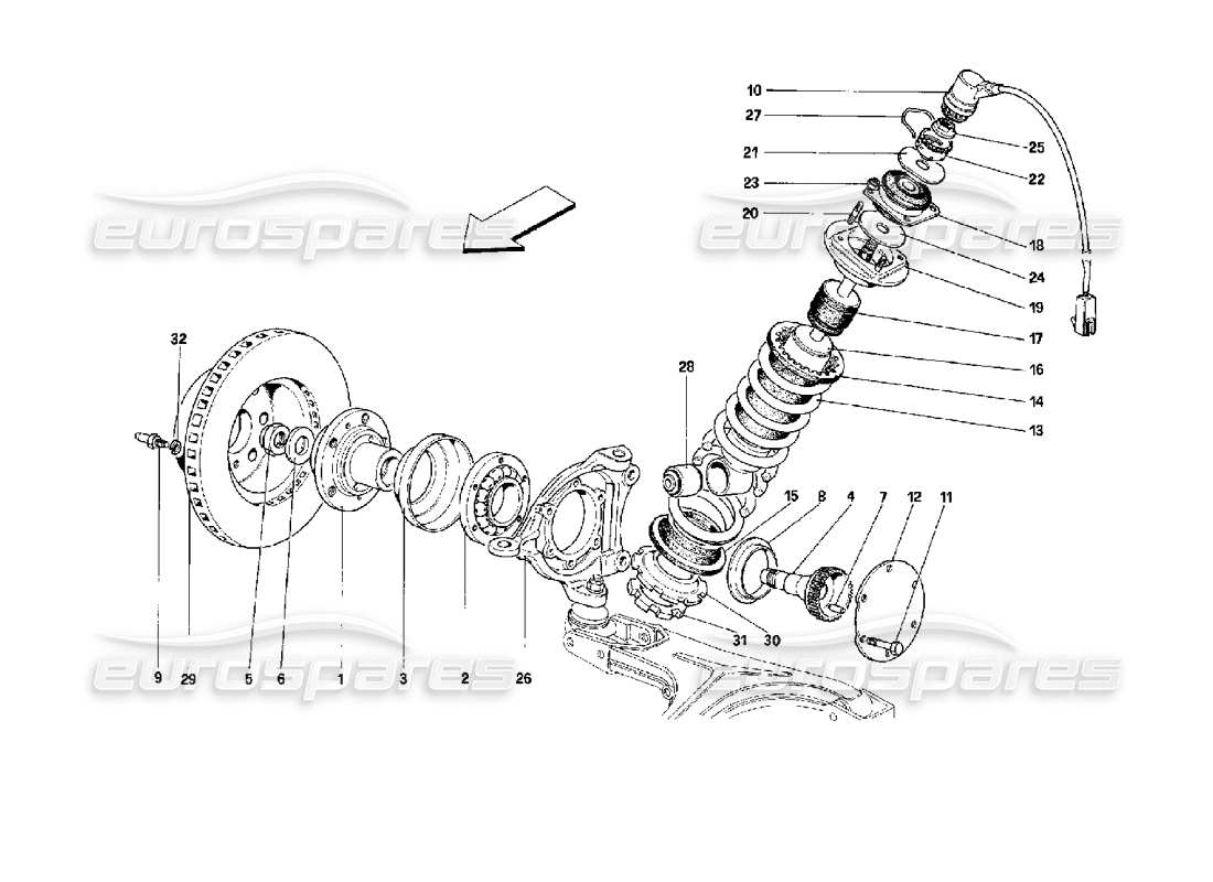 ferrari mondial 3.4 t coupe/cabrio front susp. - shock absorber and brake disc part diagram