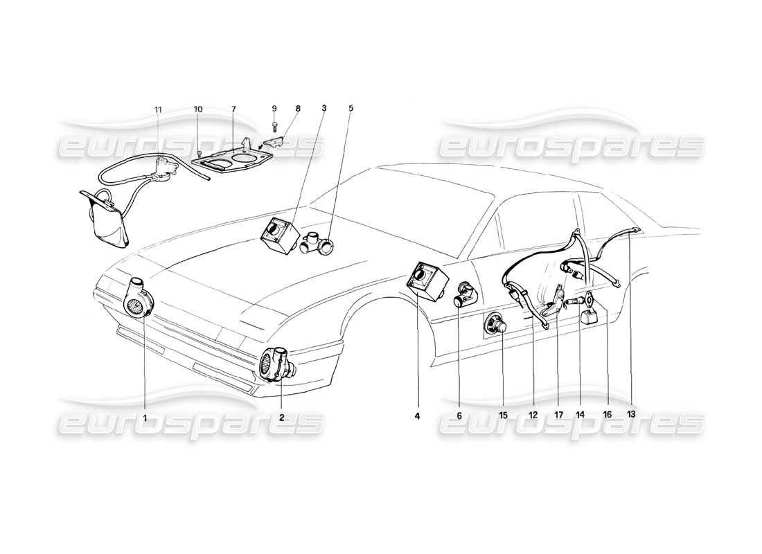 ferrari 400i (1983 mechanical) cooling electric fans - heating - windscreen washer and safety belts part diagram