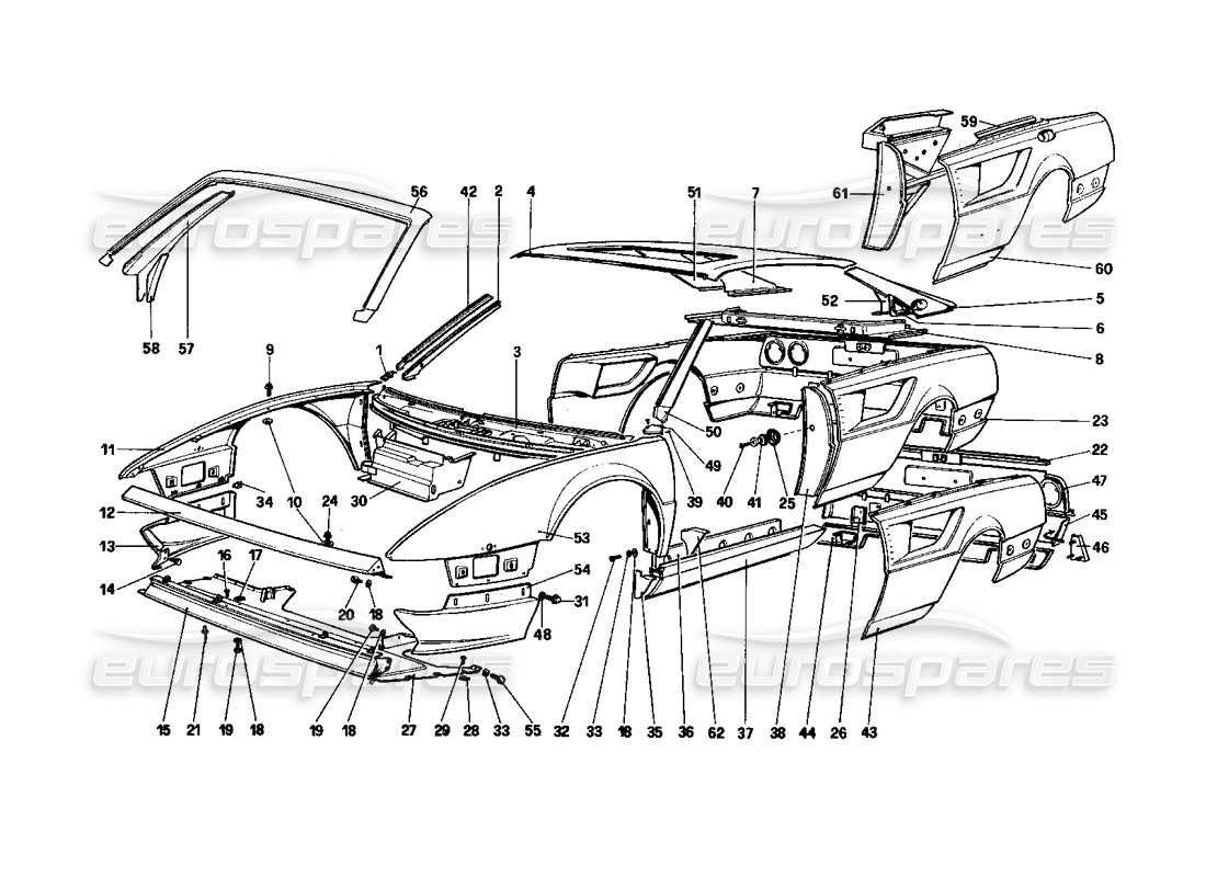 ferrari mondial 3.0 qv (1984) body shell - outer elements part diagram