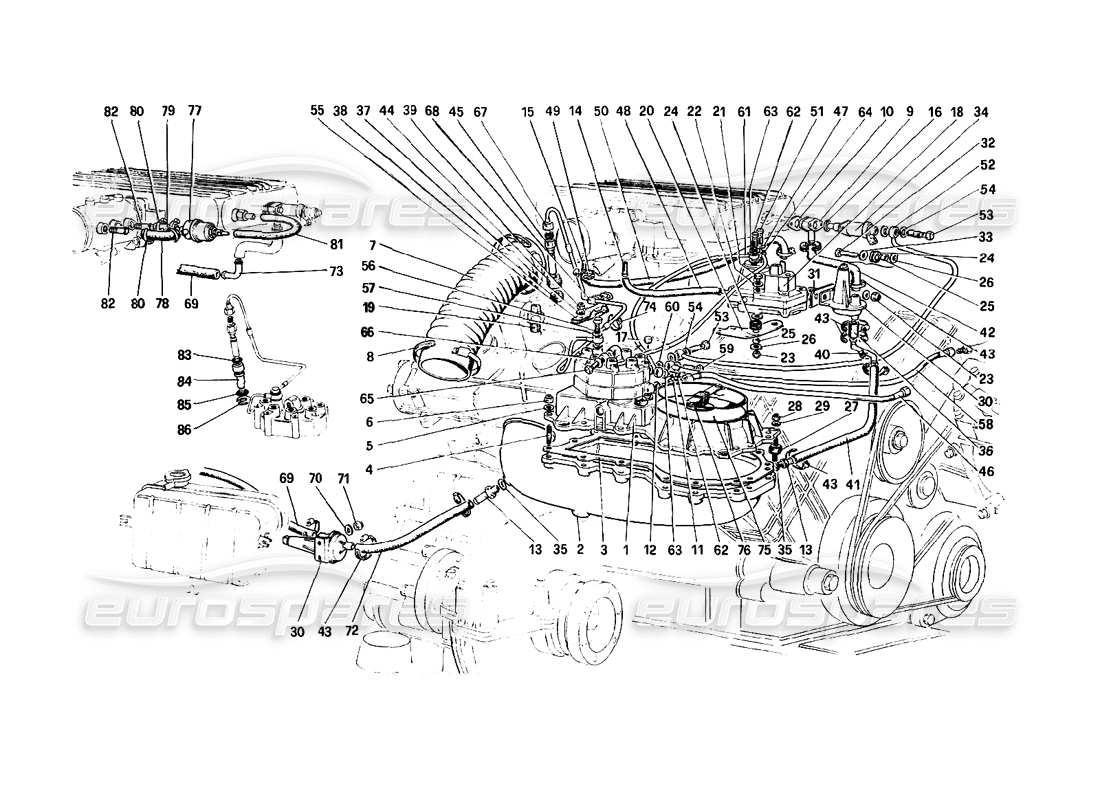 ferrari mondial 3.0 qv (1984) fuel injection system - fuel distributors, lines part diagram