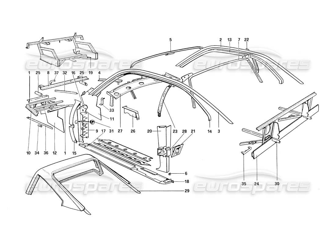 ferrari 308 quattrovalvole (1985) body shell - inner elements part diagram