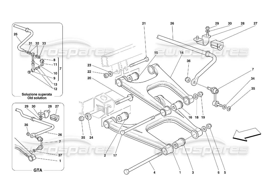 ferrari 456 gt/gta rear suspension - wishbones and stabilizer bar part diagram