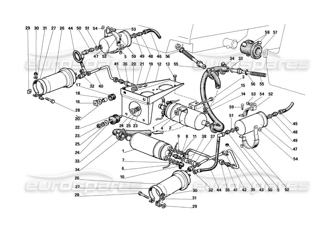 ferrari testarossa (1990) fuel pumps and pipes part diagram