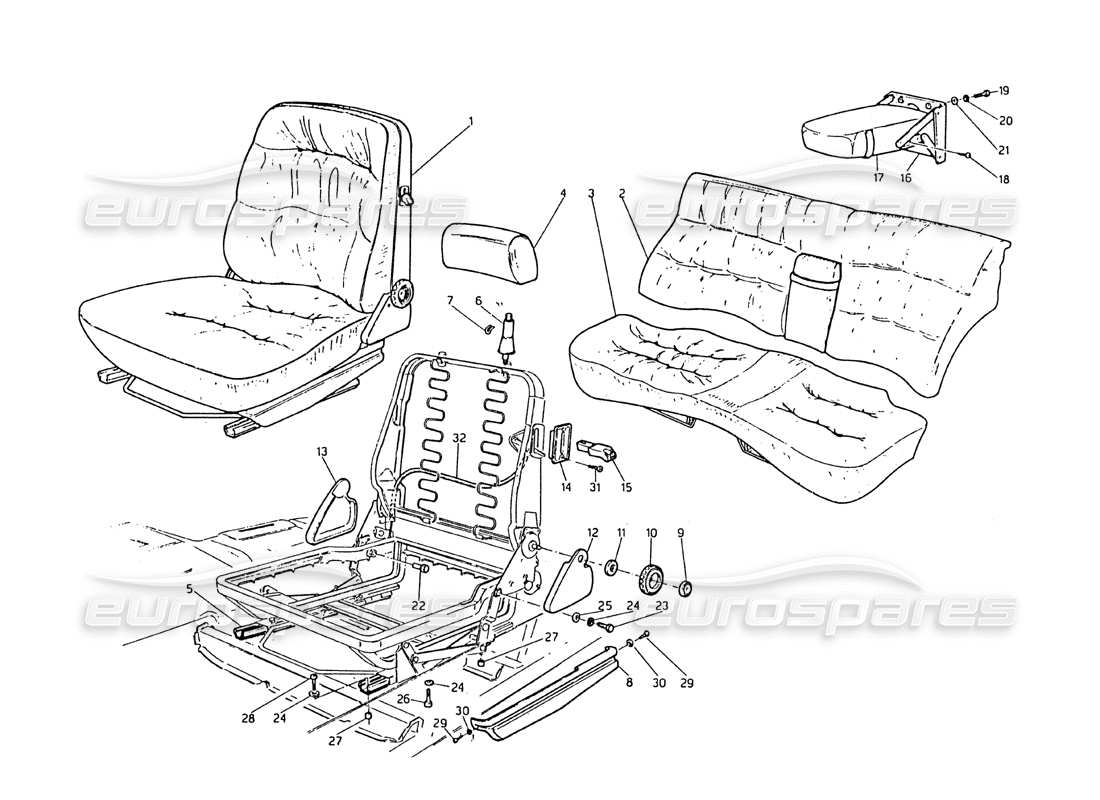 maserati biturbo 2.5 (1984) front and rear seat part diagram