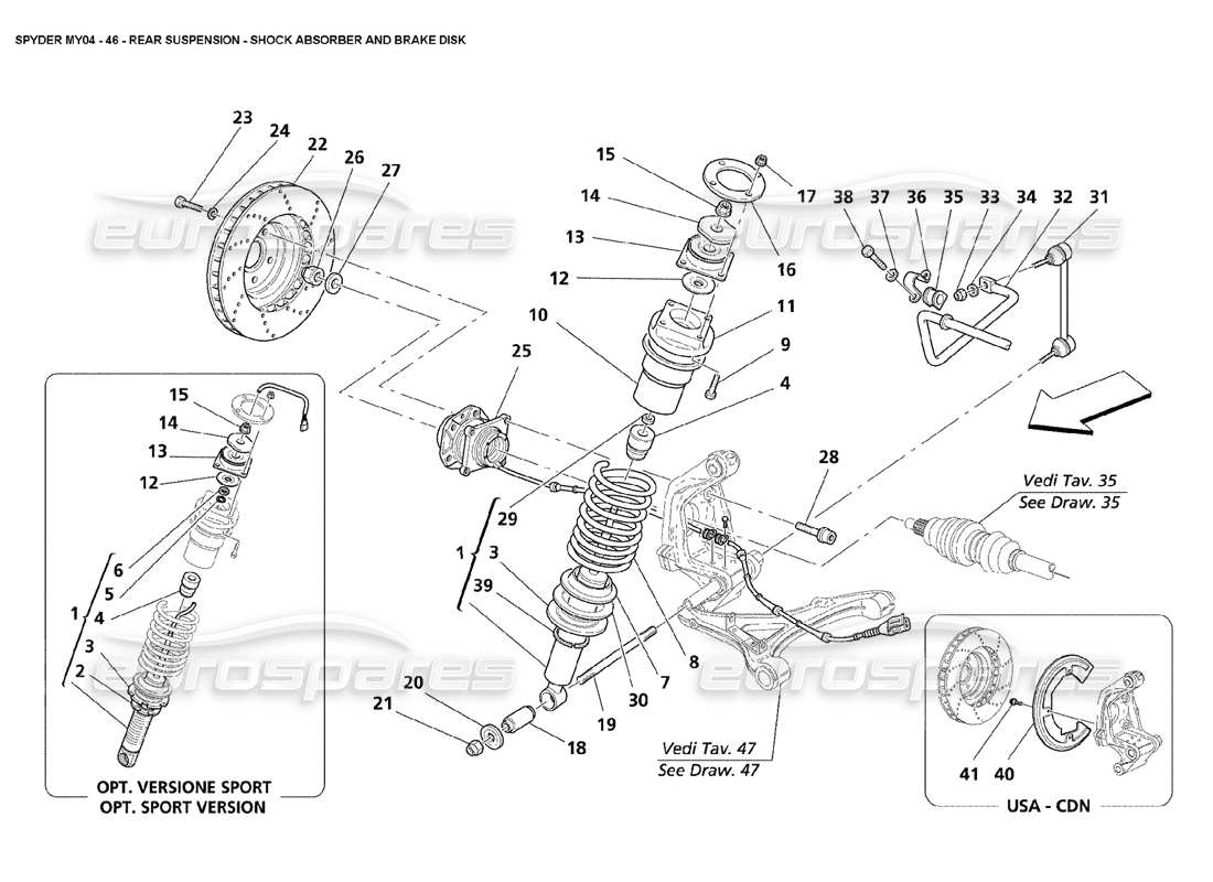 maserati 4200 spyder (2004) rear suspension shock absorber and brake disk part diagram