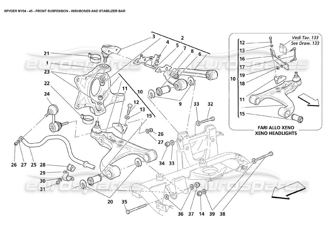 maserati 4200 spyder (2004) front suspension wishbones and stabilizer bar part diagram