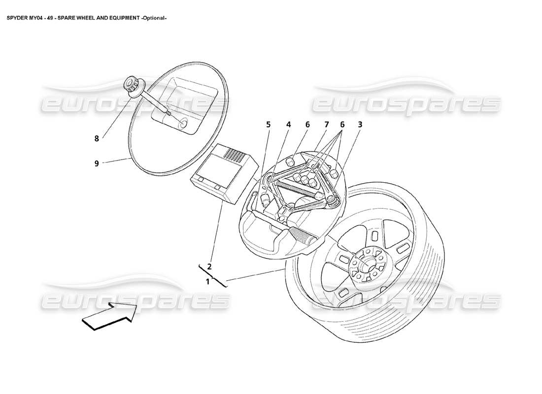 maserati 4200 spyder (2004) spare wheel and equipment optional part diagram