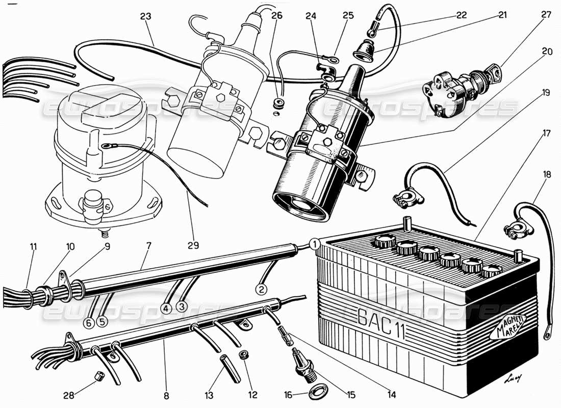 ferrari 330 gt 2+2 wiring - ignition coils and battery part diagram