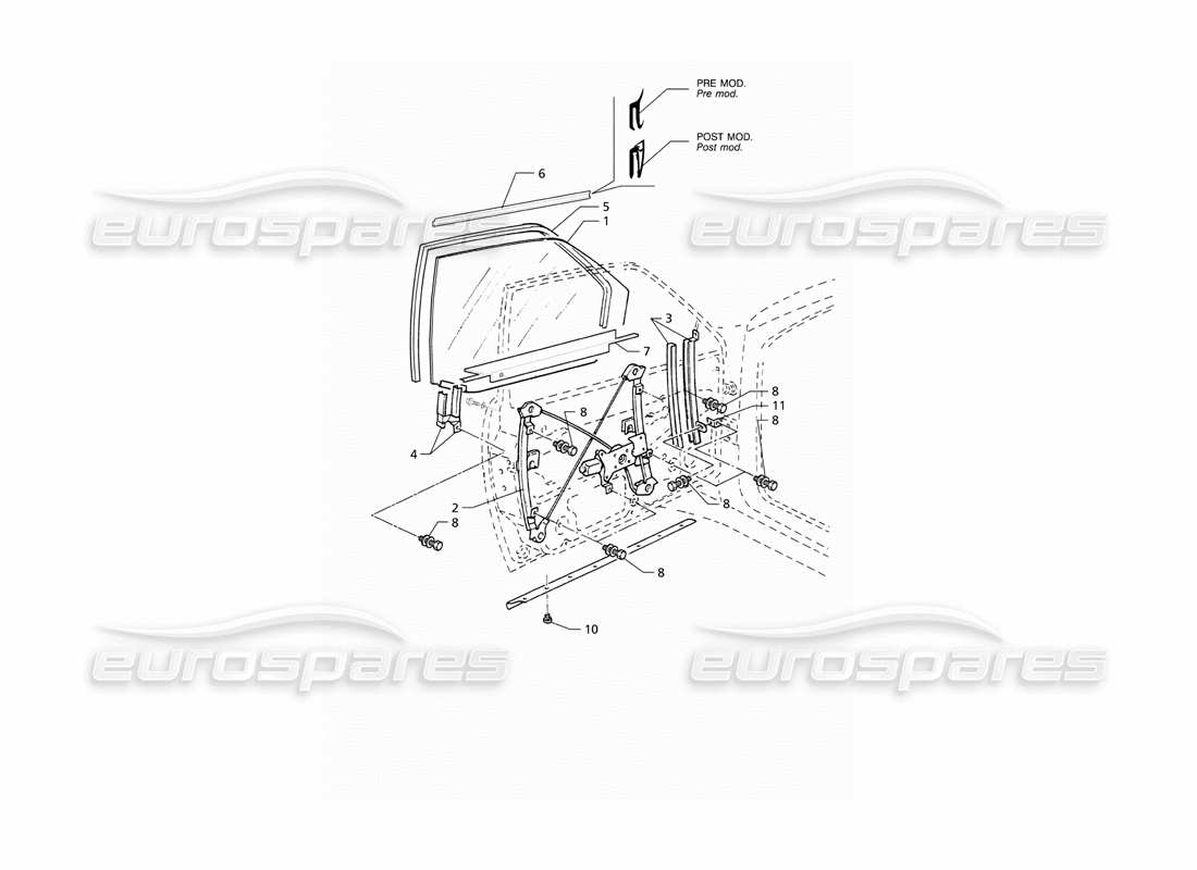 maserati qtp v8 (1998) front doors: windows and regulators part diagram