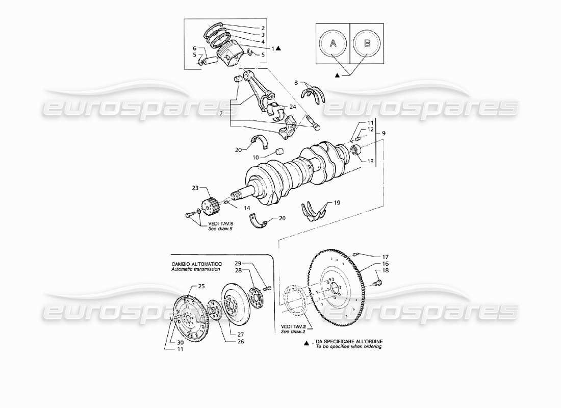 maserati qtp v8 (1998) crankshaft, pistons, conrods & flywheel part diagram