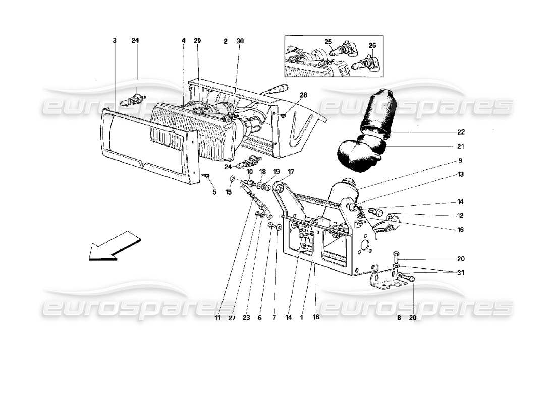 ferrari mondial 3.4 t coupe/cabrio headlights lifting device and headlights part diagram