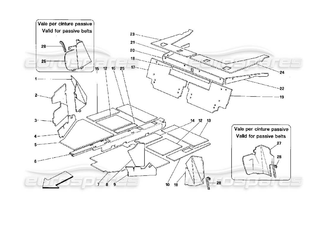 ferrari mondial 3.4 t coupe/cabrio interior compartment insulation - cabriolet part diagram