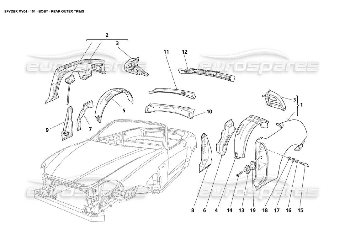 maserati 4200 spyder (2004) body rear outer trims part diagram