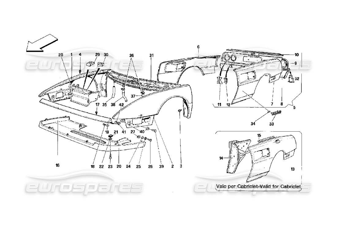 ferrari mondial 3.4 t coupe/cabrio body shell: outer elements - front and rear part part diagram