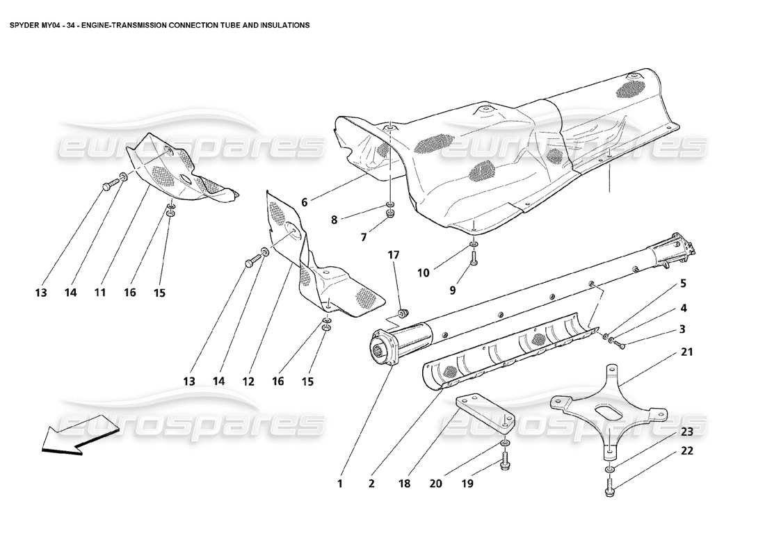 maserati 4200 spyder (2004) engine transmission connection tube and insulations part diagram