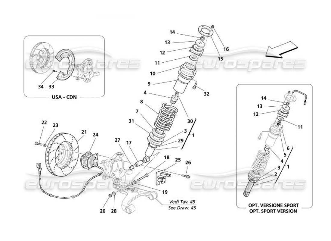 maserati 4200 coupe (2005) front suspension - shock absorber and brake disc part diagram