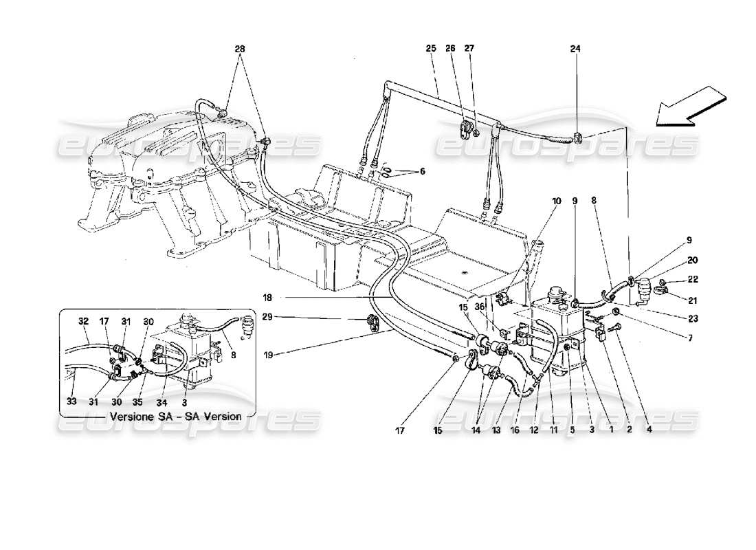 ferrari mondial 3.4 t coupe/cabrio antievaporation device - coupe and cabriolet - fors cars with catalyst and sa part diagram