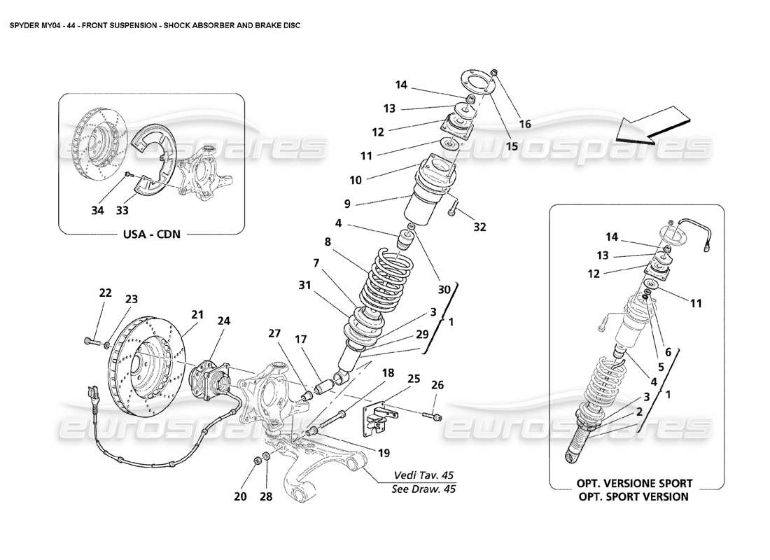 maserati 4200 spyder (2004) front suspension shock absorber and brake disc part diagram