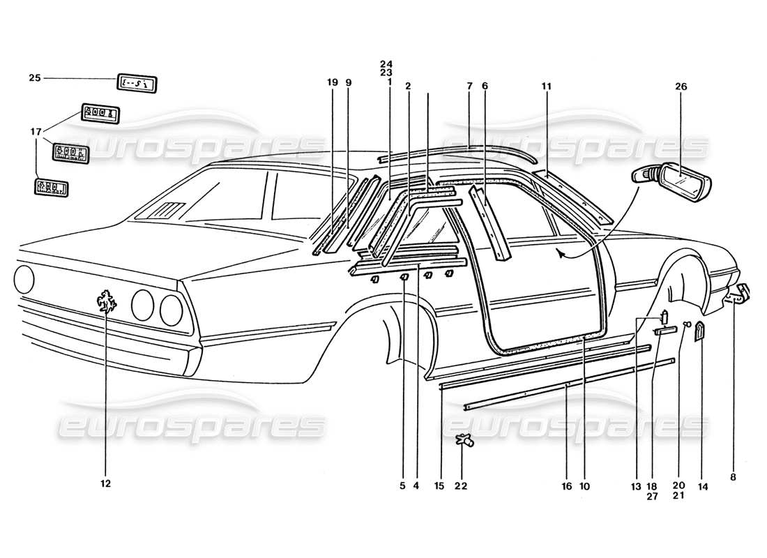 ferrari 400 gt / 400i (coachwork) door mirrors - badges & outer finishings part diagram