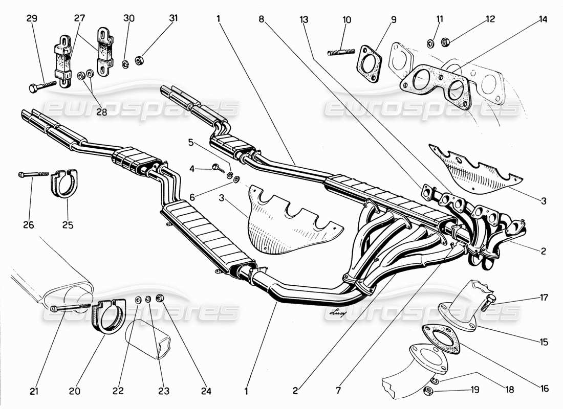 ferrari 330 gt 2+2 exhaust manifolds, silencers & extensions part diagram