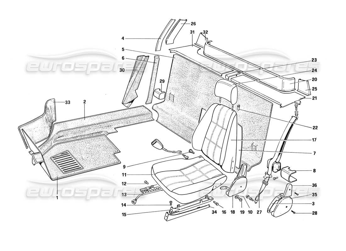 ferrari 328 (1988) interior trim, accessories and seats part diagram